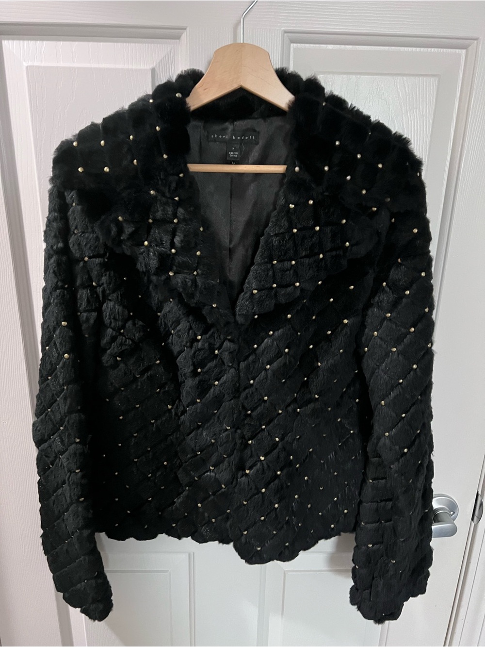 Sheri Bodell Black Quilted Faux-Fur Jacket with Gold Studs